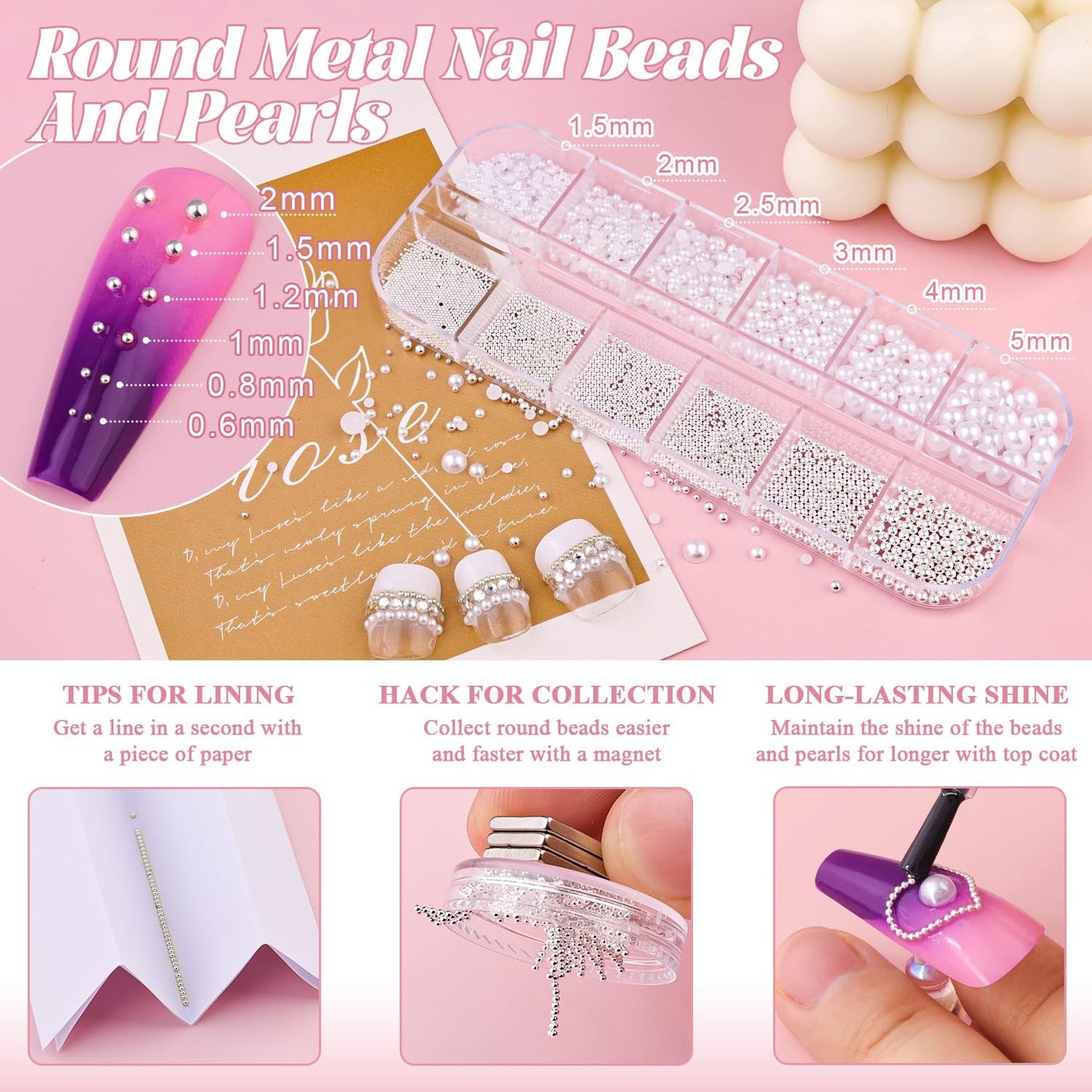 Flatback Pearls (White), Metal Nail Beads (Silver), and Glass Rhinestones (Clear) for Nail Art, Charms, and Round Caviar Beads - Multi Shapes Crystals Gems for Manicure Decor