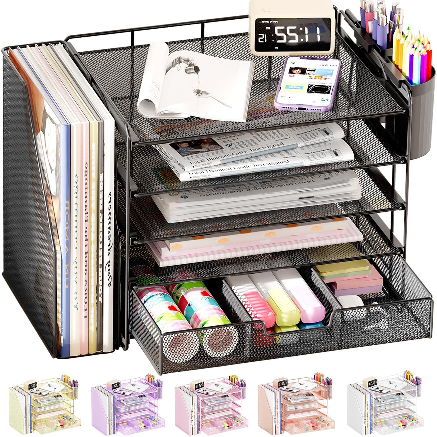 OPNICE Desk Organizer, 5-Tier Paper File Organizer with Drawer & Pen Holder, Office Desk Accessories, Workspace Desktop Organizer for Office Supplies(Black)
