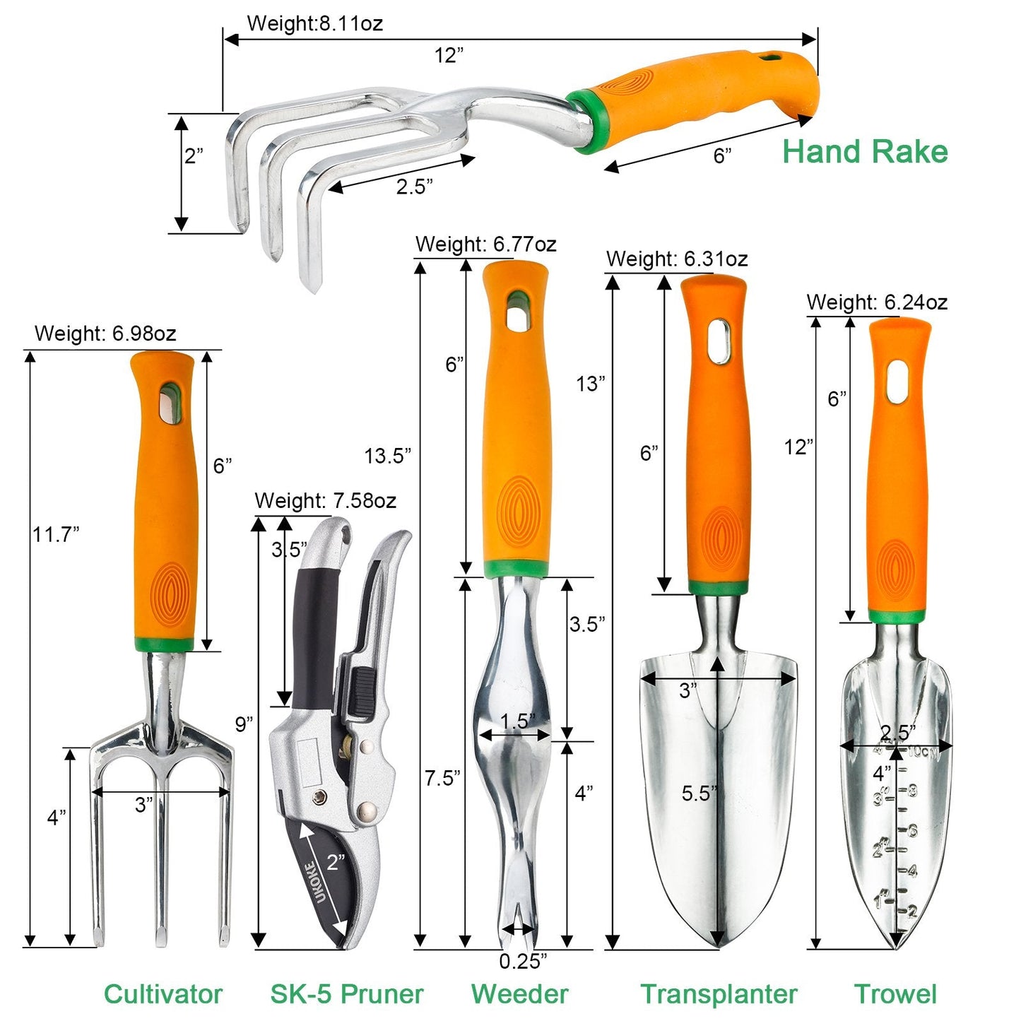 UKOKE Garden Tool Set, 12 Piece Aluminum Hand Tool Kit, Garden Canvas Apron with Storage Pocket, Outdoor Tool, Heavy Duty Gardening Work Set with Ergonomic Handle, Gardening Tools for women men