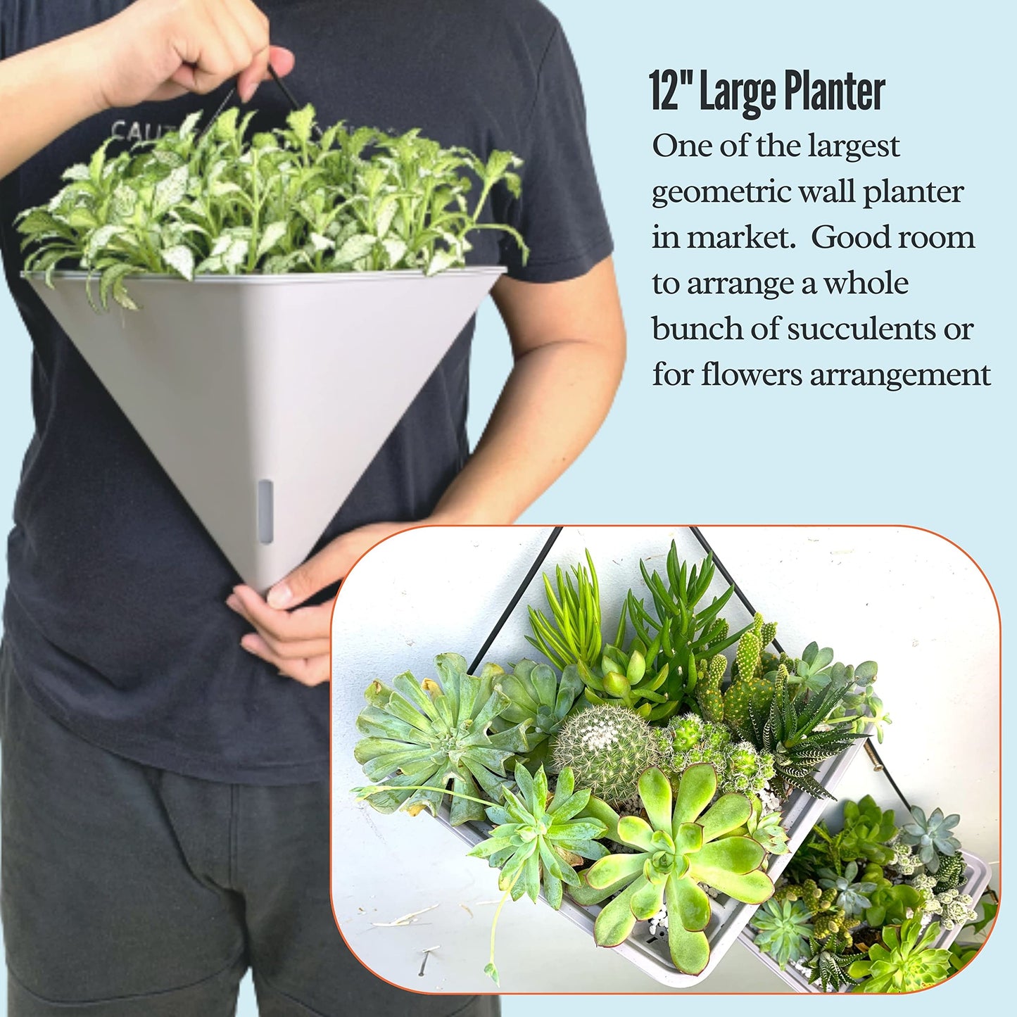 LaLaGreen Bundle - 12" x 4 Pack Gray + 12" x 4 Pack White Large Self Watering Geometric Hanging Flower Vase Vessel with Metal Hanger, Modern Stylish Wall Mounted Succulent Pot Holder Decor