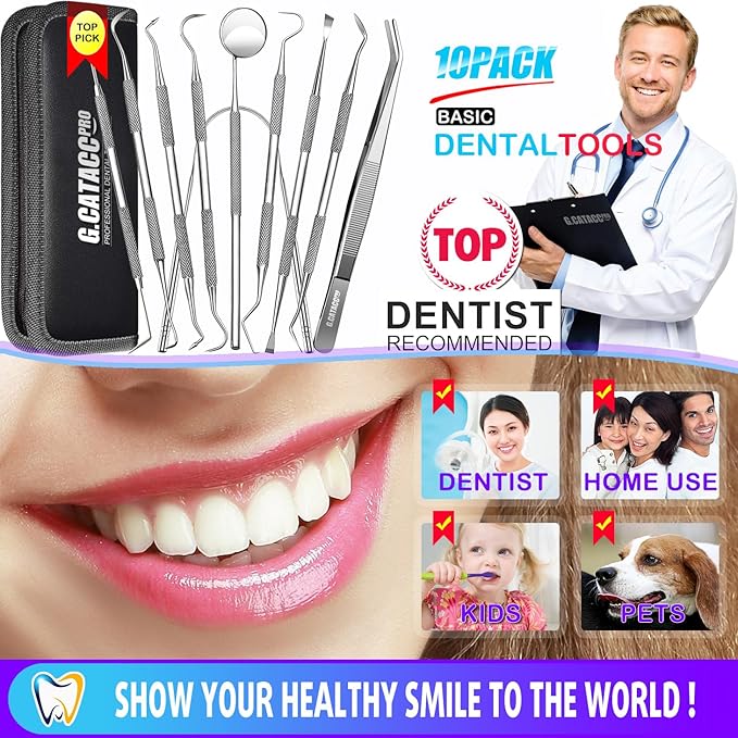 G.CATACC 10 Pack Dental Tools, Professional Plaque Remover for Teeth Cleaning Tools Set, Stainless Steel Hygiene Kit with Dental Pick Tooth Scraper Plaque Tartar Remover Tongue Cleaner - with Case
