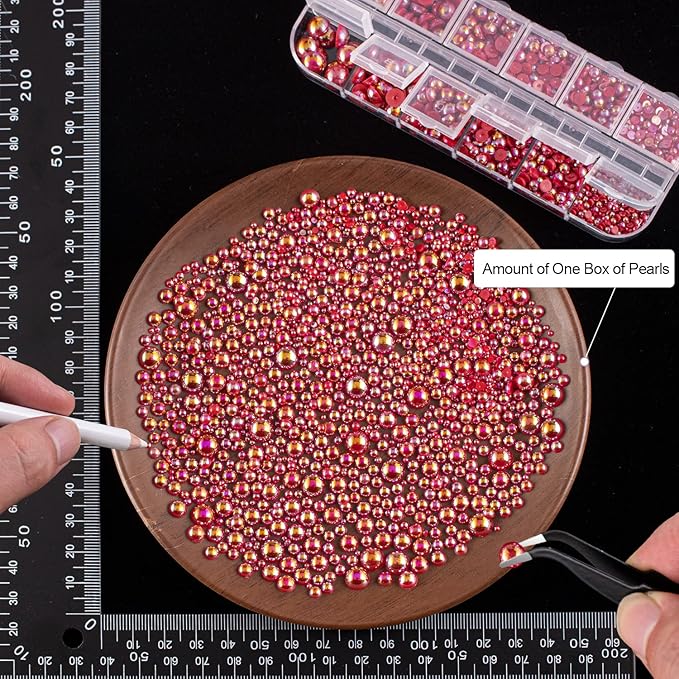 4000PCS Flatback Rhinestones and Half Round Pearls Kit #34, Multi Size Glass AB Crystals, Plastic Flat Back Red AB Dome Bead with Pickup Pencil and Tweezer for Nail Art