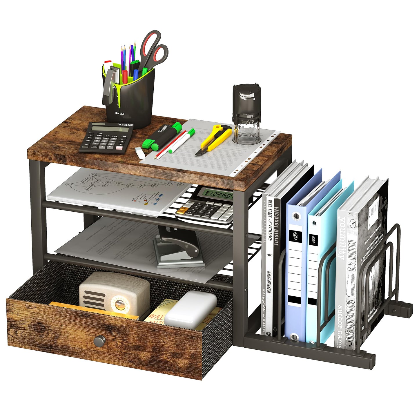 Homeiju Wood Desk Organizer with Drawers, Desk File Organizer with 3 Vertical File Holders, File Shelf,Storage for Mail, Supplies,Classroom Organization