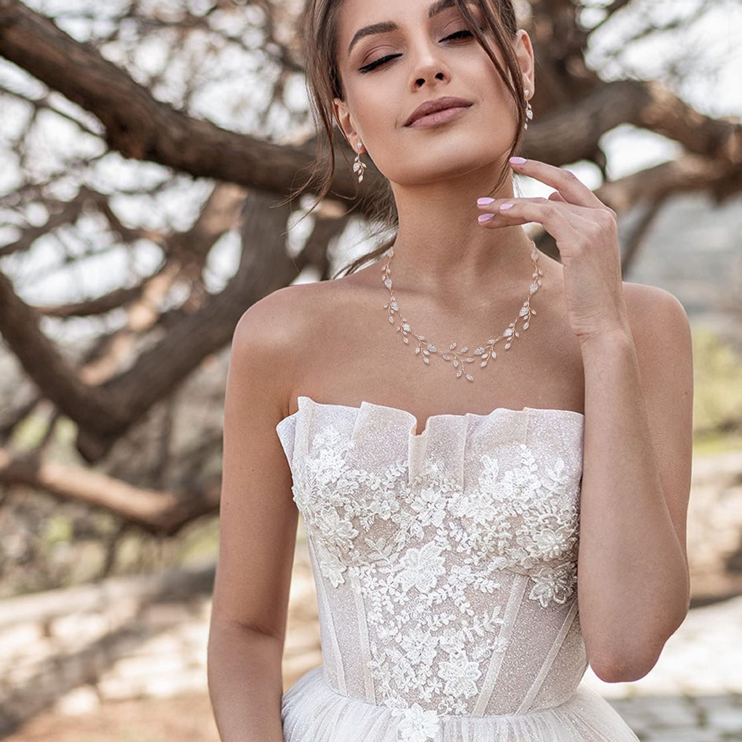 EVER FAITH Wedding Jewelry for Bride Women Bridesmaid, Sparkly White Cubic Zirconia Pear-Shaped Birthstone Leaf Necklace Earrings Set for Prom Rose Gold-Plated-Brass
