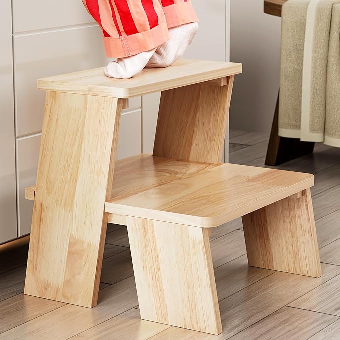 Wooden Toddler Step Stool for Bathroom Sink, Kids Step Stool with Non-Slip Pads for Potty Training and Bedroom Access
