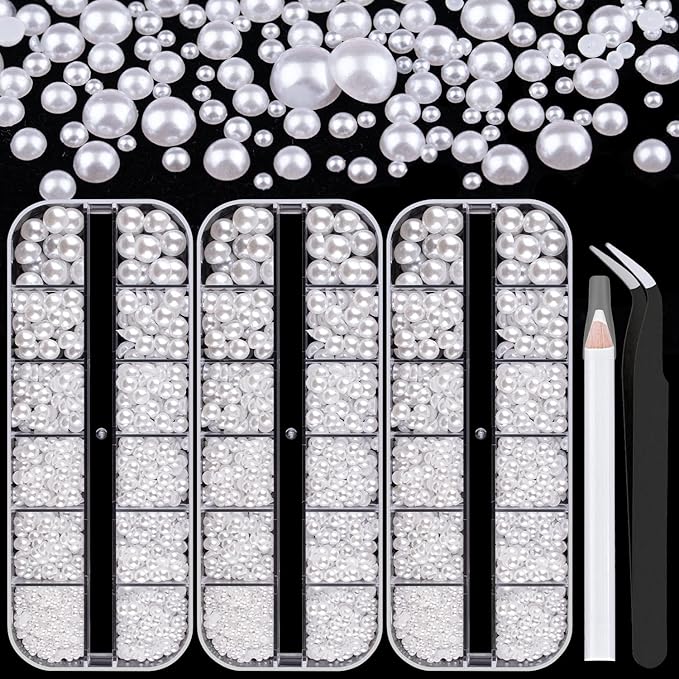 Belleboost Flat Back Pearls Kits 3 Boxes of Flatback White Half Round Pearls with Pickup Pencil and Tweezer for Home DIY and Professional Nail Art, Face Makeup and Craft
