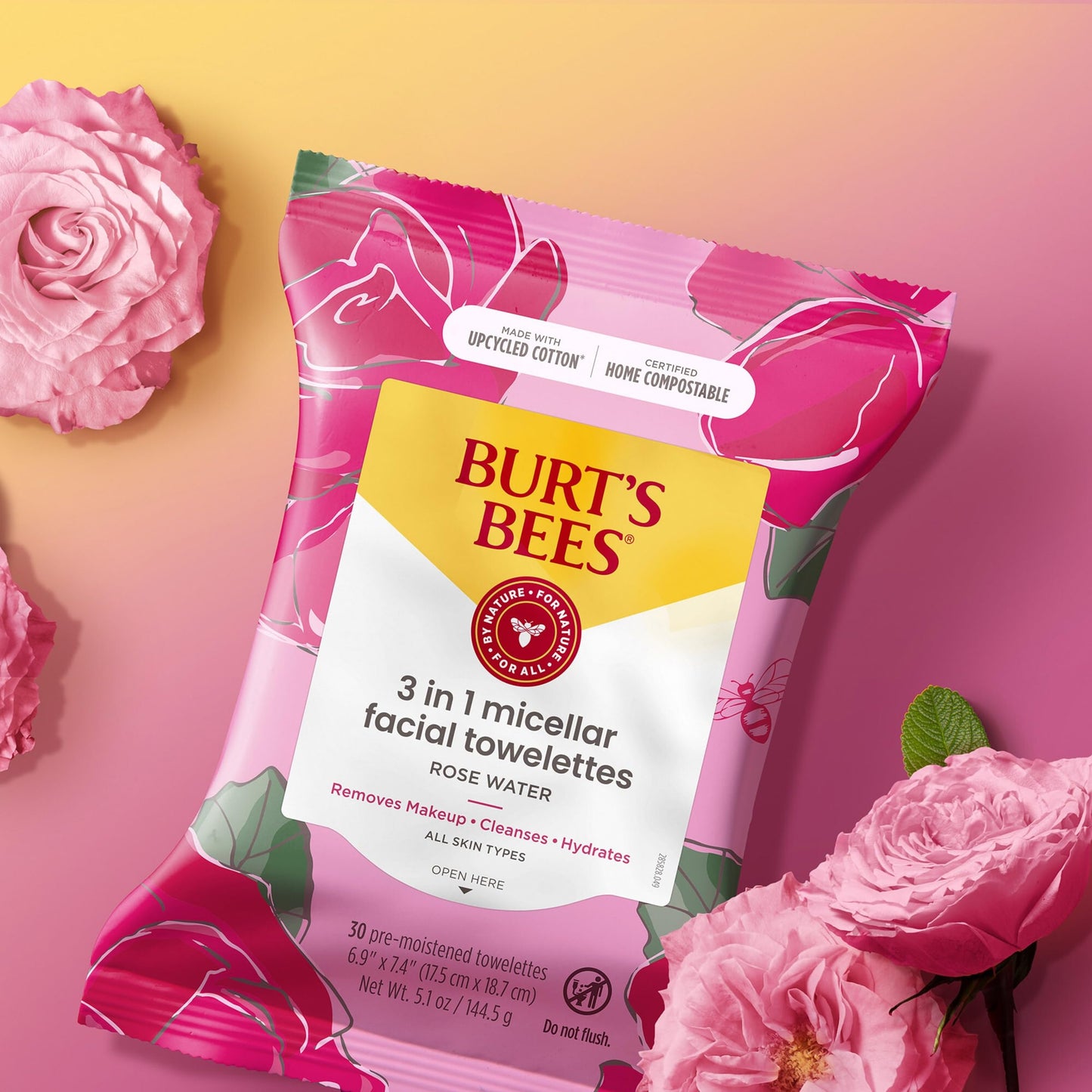 Burt's Bees Back To School Dorm Essentials, Rose Water Face Wipes, for All Skin Types, Hydrating Micellar Makeup Remover & Facial Cleansing Towelettes, 30 Ct (3-Pack)