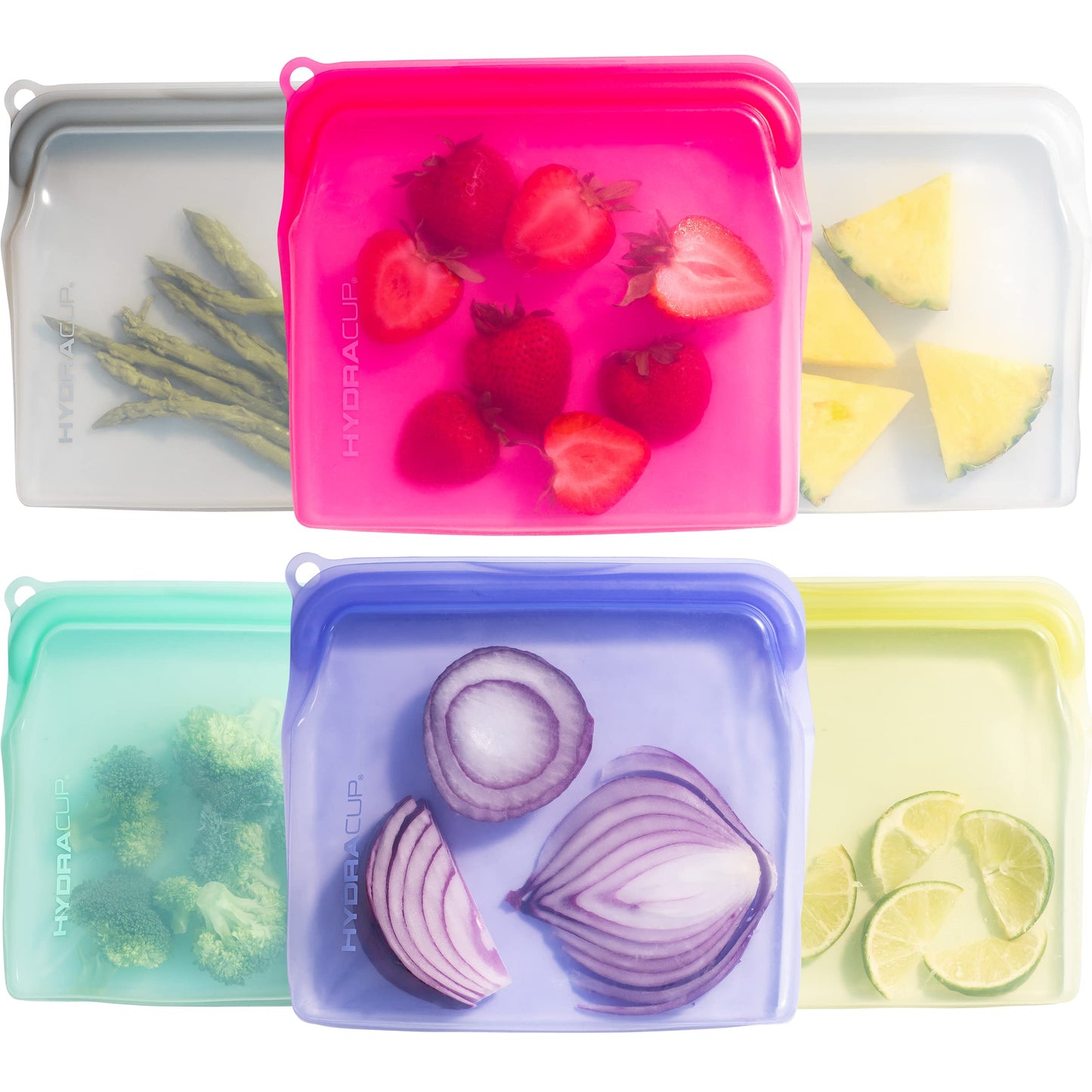 Hydra Cup Reusable Silicone Storage Bags [6 PACK] Food Storage Container, 30 ounces, Press to Lock, Stash Snacks & Meal Prep, Sandwich Size, Microwave & Dishwasher Safe