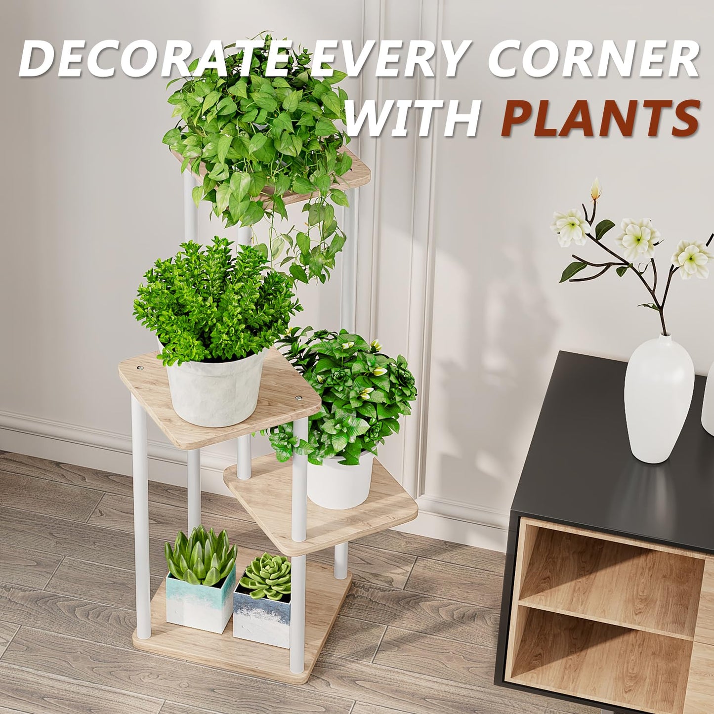 AZERPIAN Plant Stand 4 Tier Indoor Metal Flower Shelf for Multiple Plants Corner Tall Flower Holders for Patio Garden Living Room Balcony Bedroom, Black (4 Tier-White)