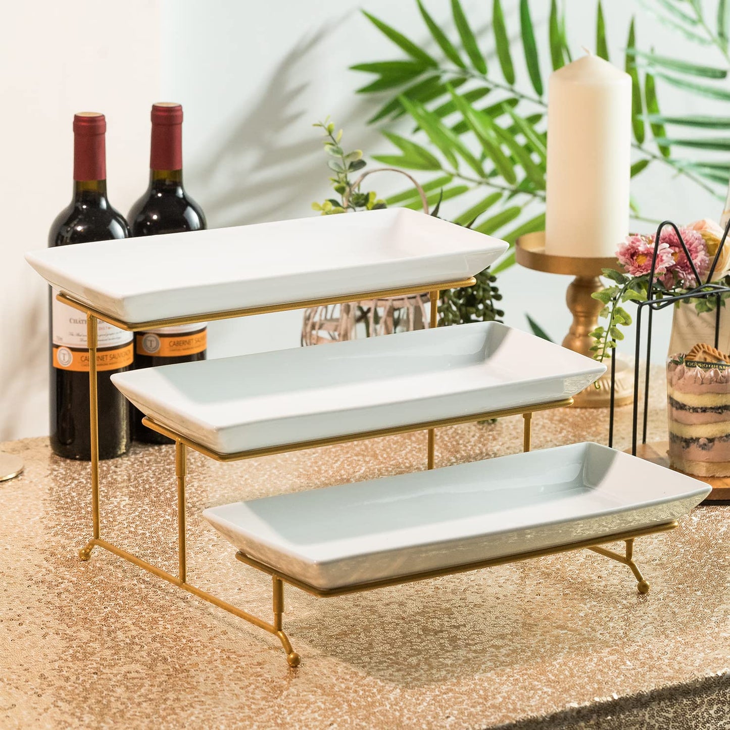 Gomakren 3 Tier Serving Stand with Porcelain Serving Platter Tray - Collapsible Gold Stand with 3 Piece Large14 Inch White Plates for Food Presentation Dessert Server Display and Entertaining