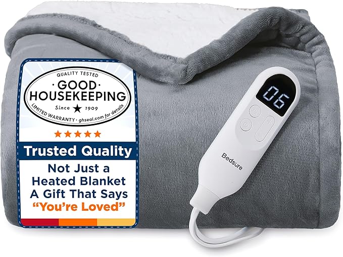 Bedsure Heated Blanket Throw Blanket - Fast Heating Electric Blanket, GentleSoft Flannel Heated Throw with 4 Time Settings, 6 Heating Settings, Warm Gifts for Grandma (50x60 inches, Grey)