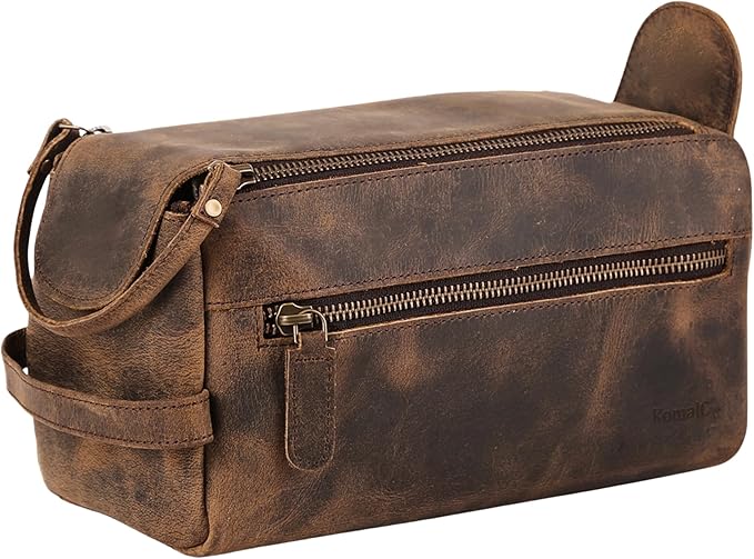KomalC Premium Buffalo Leather Toiletry Bag for Men & Women – Leather Dopp Kit With Water resistant Lining, Premium Toiletry Travel Pouch, Unisex Wash Bag for Toiletries, Gifts for Men and Women