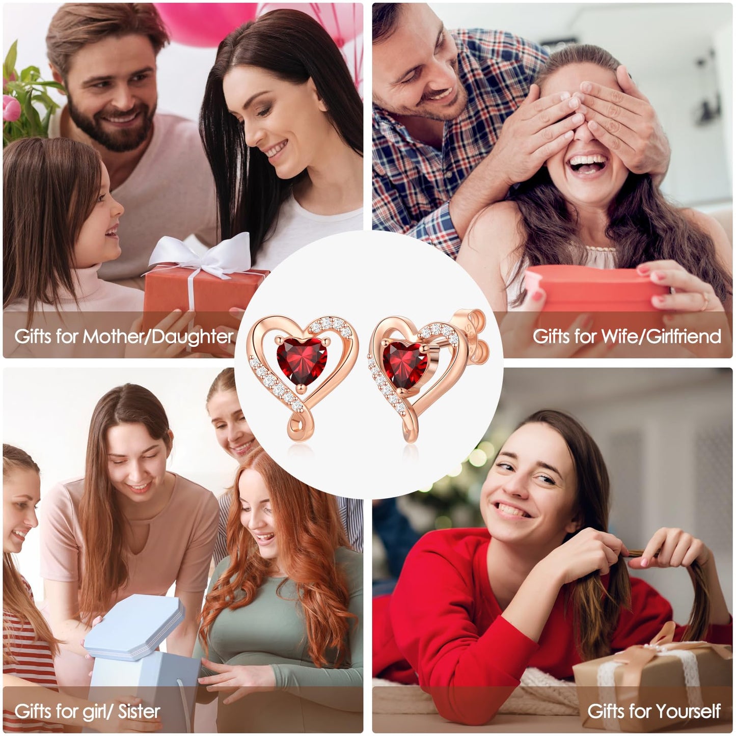 Zifeel Earrings for Women, Rose Gold Birthstone Heart Studs Earring for Girlfriend Wife, Anniversary Birthday Christmas Valentines Mothers Day Gifts Jewelry for Women Wife Her Mom