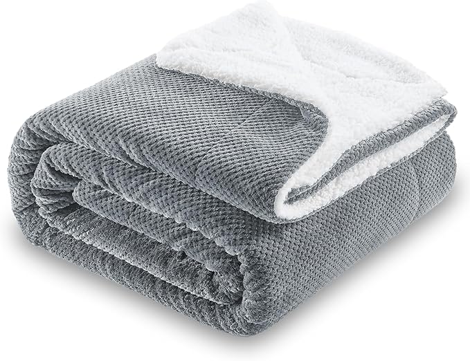SOCHOW Waffle Sherpa Fleece Throw Blanket, Super Soft Fuzzy Warm, Lightweight Fluffy Reversible Plush Blanket for Bed Sofa Couch, 50 x 60 Inches Grey