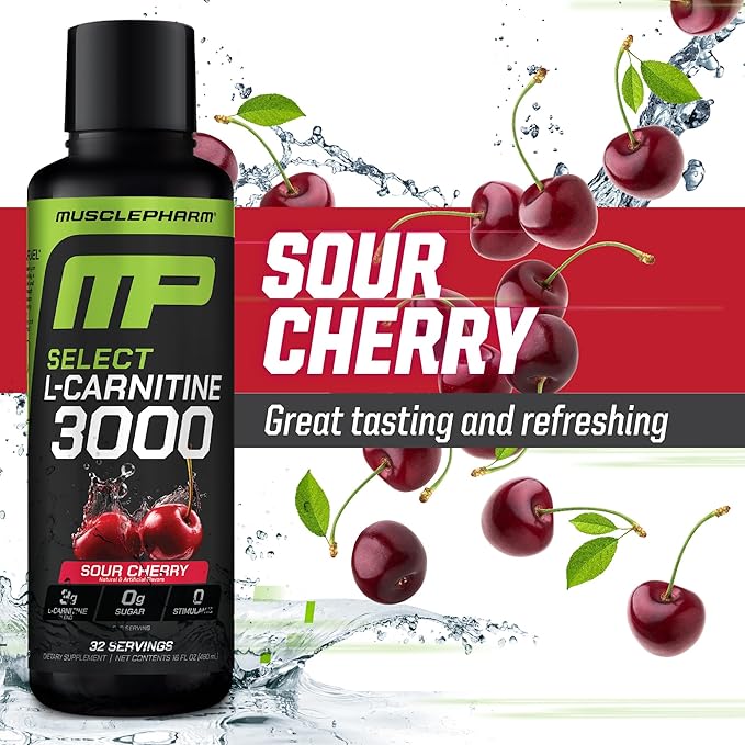 Muscle Pharm L-Carnitine 3000, The Ultimate Liquid L Carnitine Supplement for High-Performance, Supports Metabolism, Hydration & Energy, Zero Sugar/Calories, Sour Cherry Flavor, 32 Servings