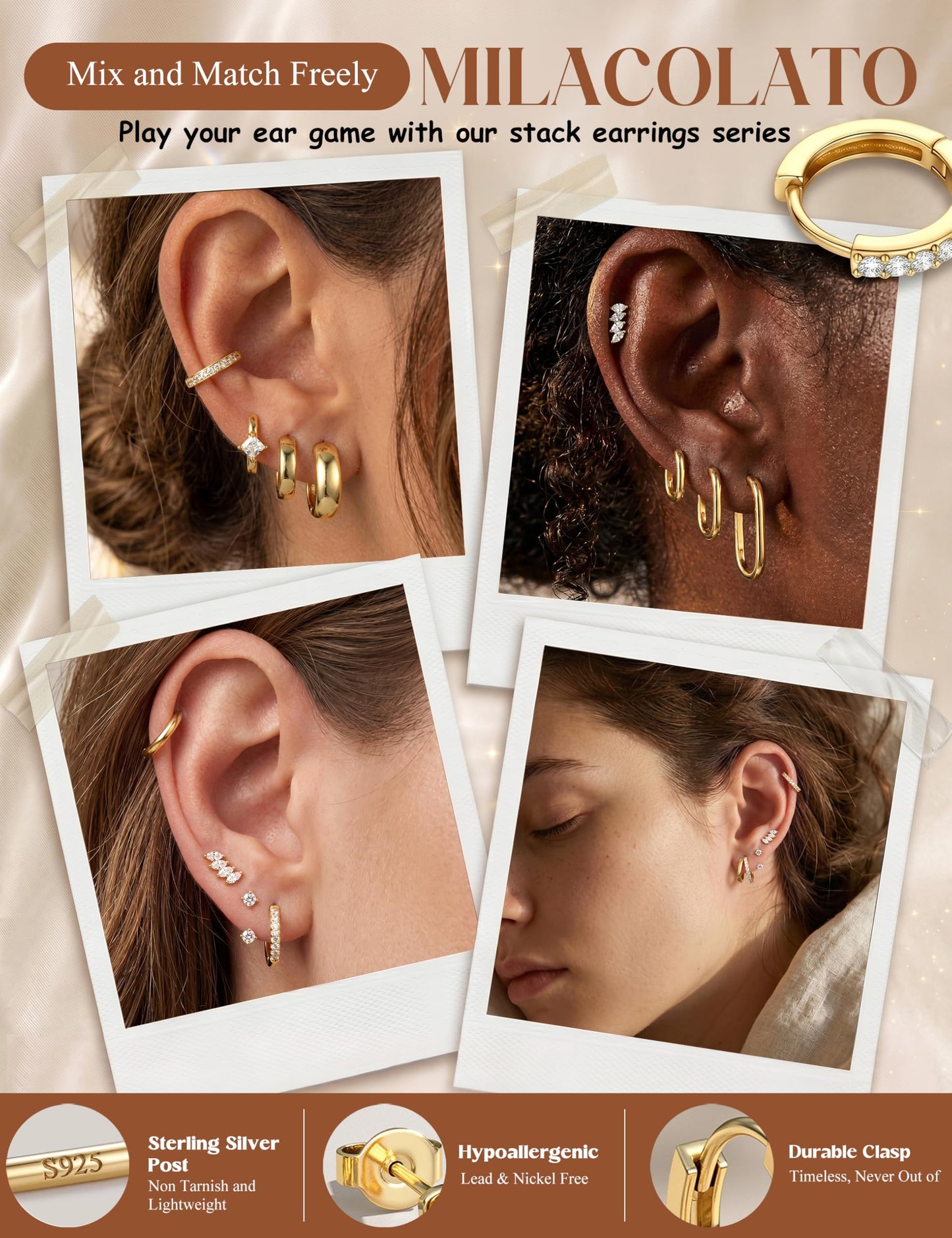 MILACOLATO 925 Sterling Silver Earrings for Women, 14K Gold Plated Small Huggie Hoop Earrings, Layer CZ Double Hoop Earrings Stacks Trendy Jewelry Gifts