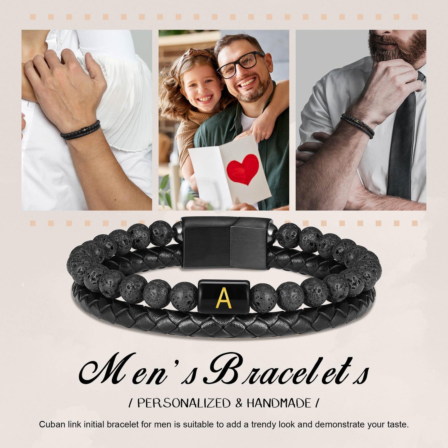 Bracelets for Men - Men Gifts Lava Rock Bead Magnetic Clasp Black Mens Leather Bracelet with Initial Black Mens Leather Bracelets Initial Z Bracelet for Men's Jewelry Men's Gifts for Dad Husband Him