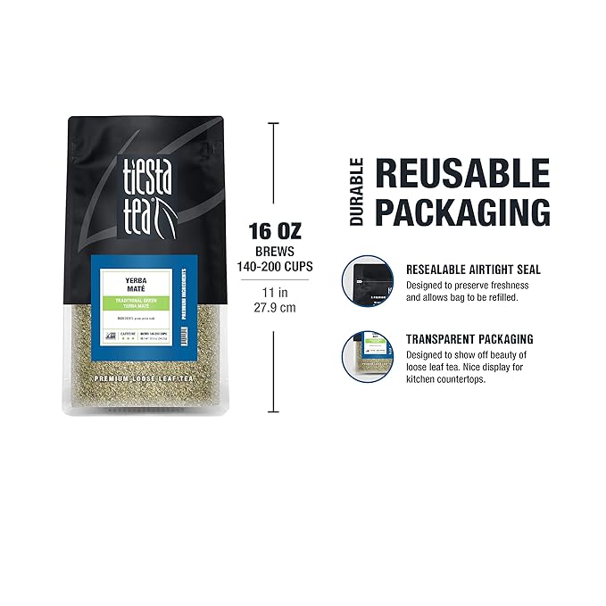 Tiesta Tea - Yerba Mate, Loose Leaf, Traditional Green Maté Tea, Premium High Caffeinated Blend, Make Hot or Iced, Brews Up to 200 Cups, Rich Flavors, 12oz Resealable Bulk Pouch