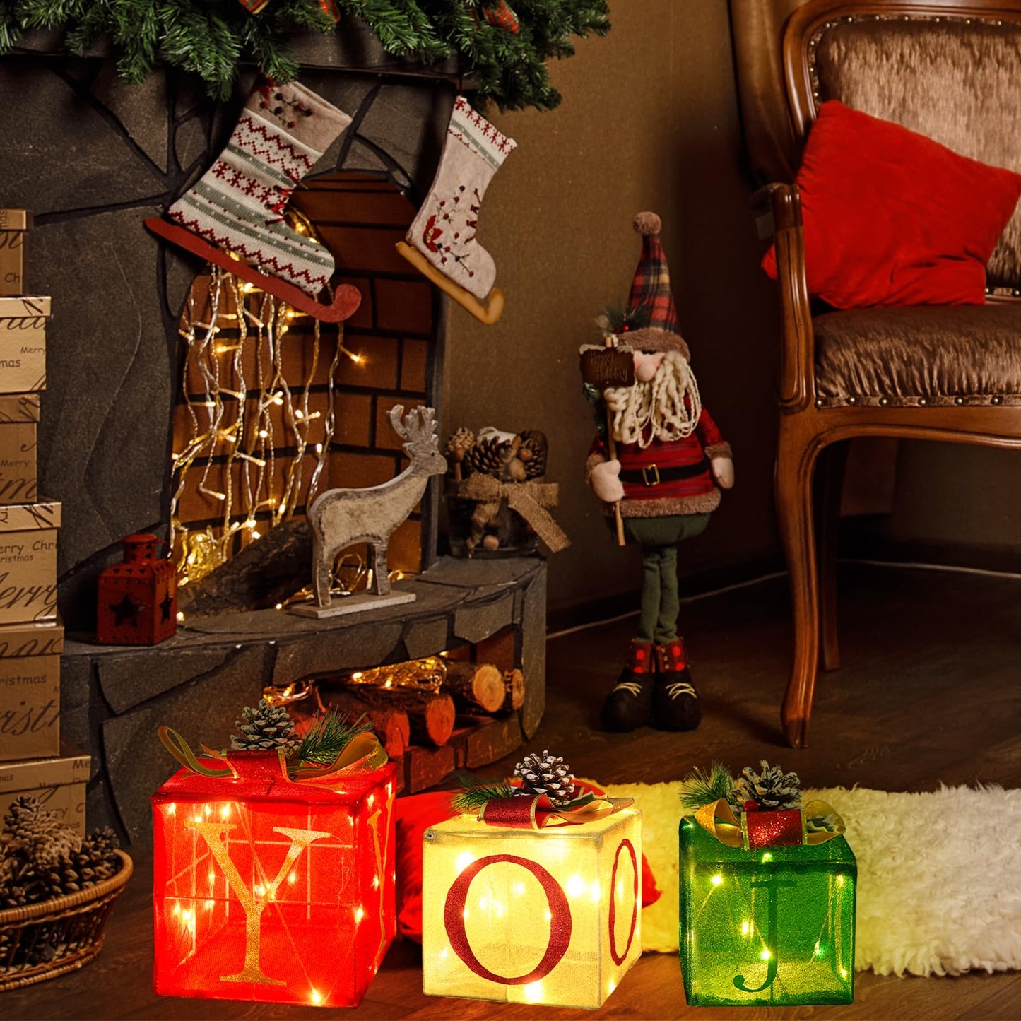 COVFEVER Christmas Joy Lighted Gift Boxes Decorations Set of 3, 2.8Ft Stackable Christmas Nesting Boxes Battery Operated for Home and Party Decoration