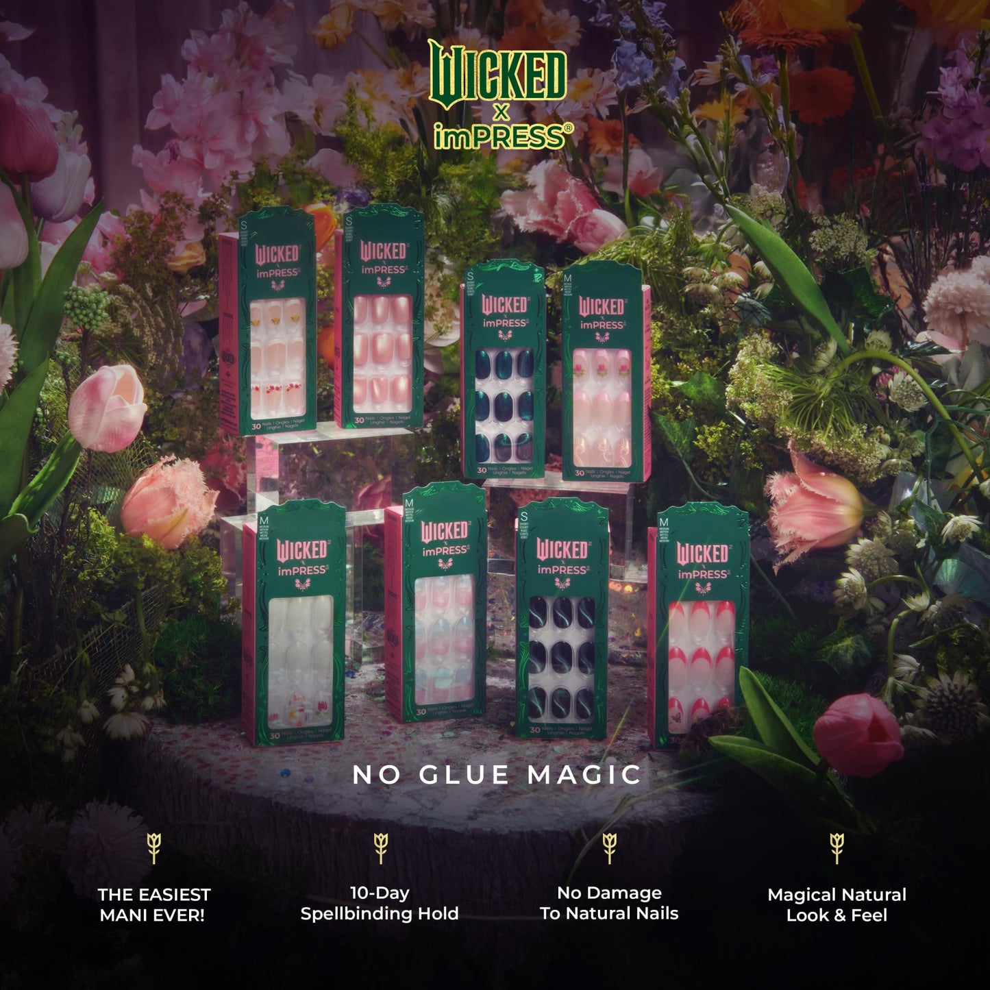 WICKED X imPRESS Press On Nails, New Improved Adhesive, Up To 10 Day Hold, ‘Glinda-fied’, Pink, Short Squoval, Includes 30 Fake Nails, 1 Prep Pad, 1 Manicure Stick, 1 Mini File