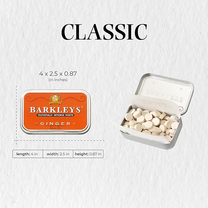 Barkleys Ginger Breath Mints - Strong Ginger Flavor Cool Mint Candy For Party, After Dinner, Wedding, Every Day Use - Vegan Breath Mints In Reusable Classic Travel Tins, 1 Pack, 50 Count Each