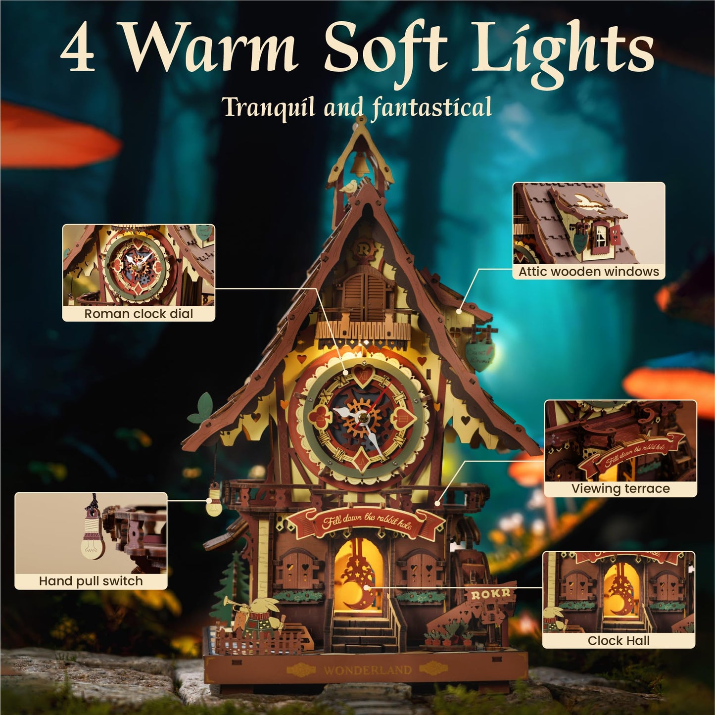 ROKR 3D Wooden Puzzles for Adults, Cuckoo Clock Model Kit, Room Home Decor DIY Watch Making Kit Functional Mechanical Building Toys, Hobbies Birthday Christmas Day Gifts for Men Women 14+