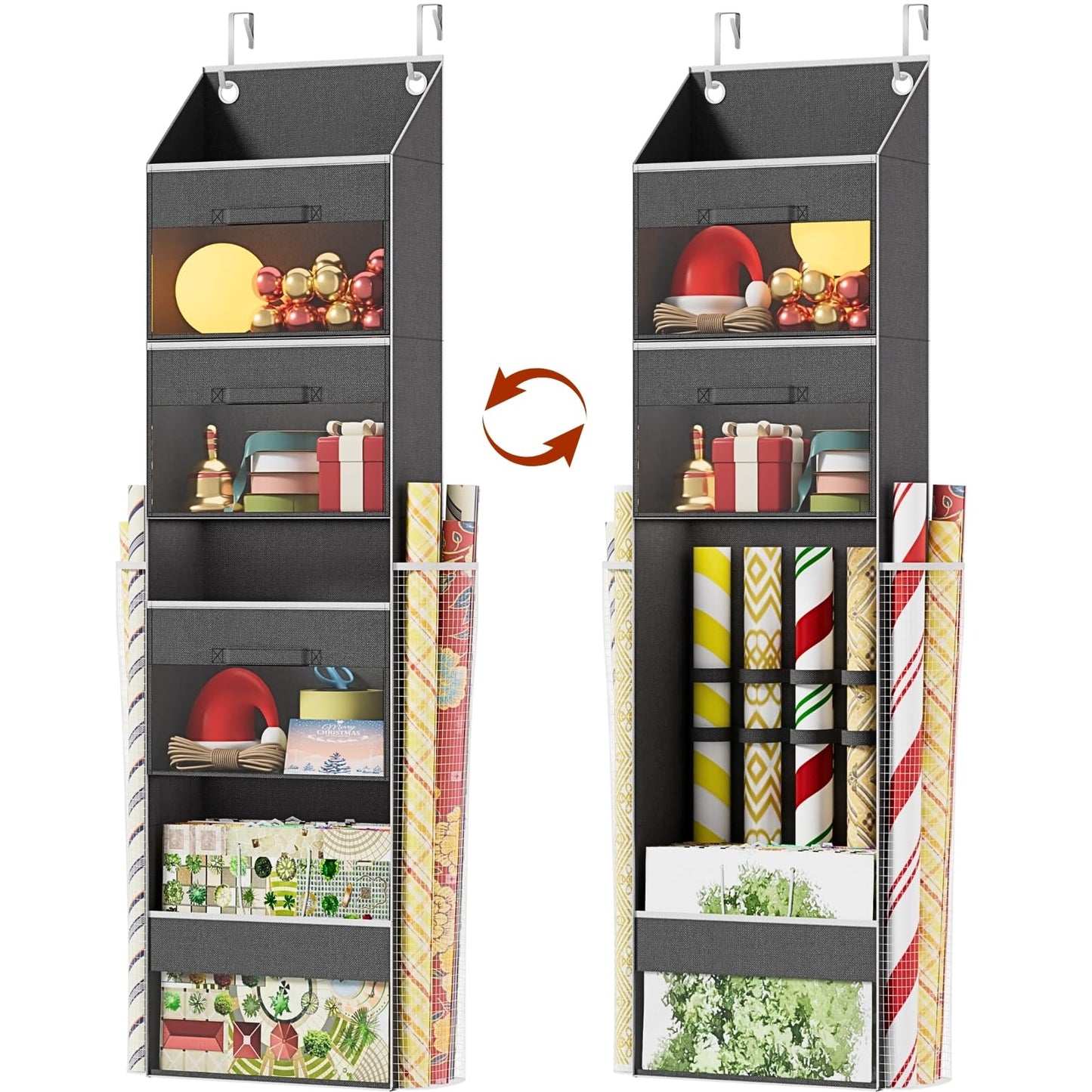 Over Door Wrapping Paper Organizer Storage with 3 Removable Drawers & Side Pockets – Dual Use Design with Elastic Straps – Christmas Gift Wrap Storage for Ribbons, Bows, Ornament and Other Tools