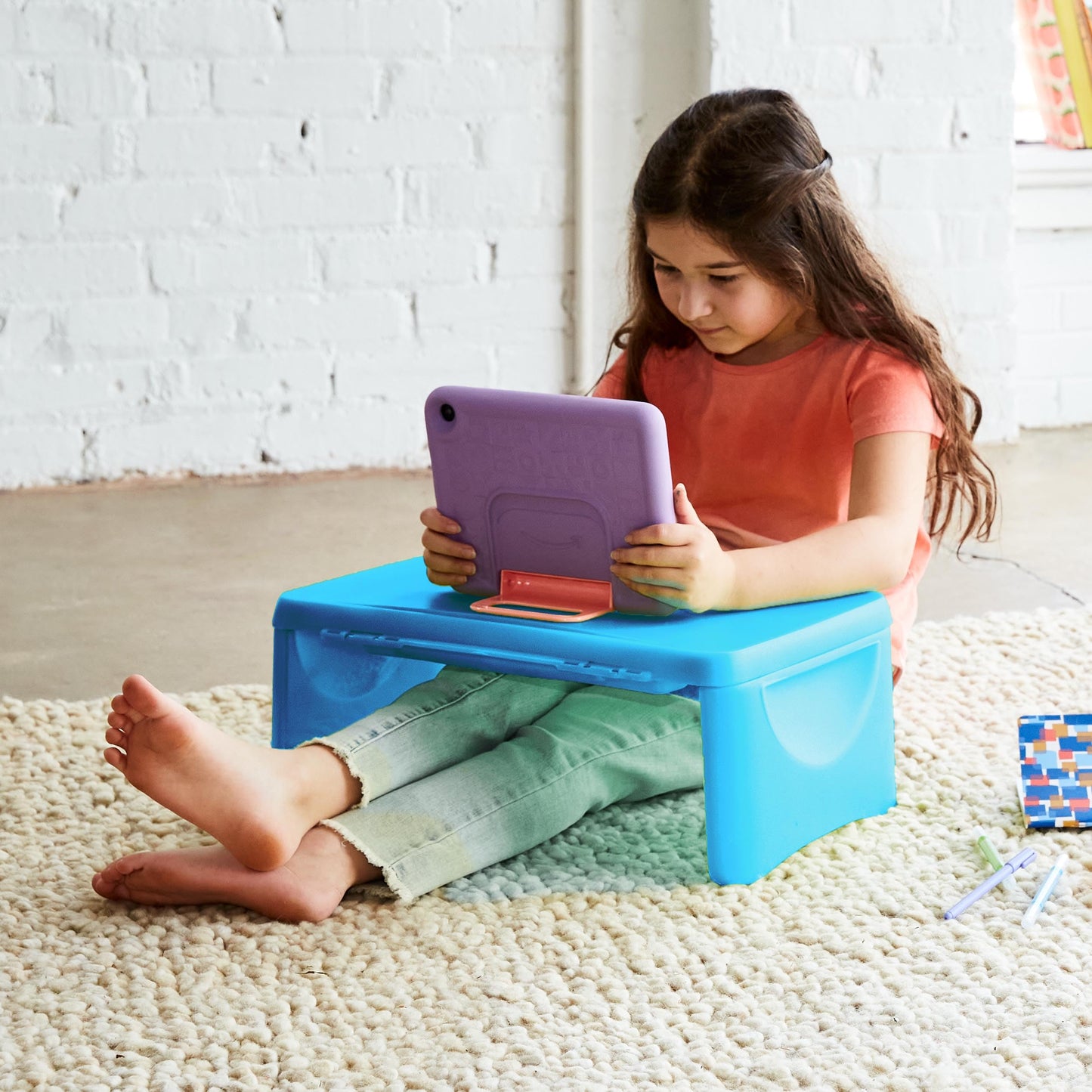 HearthSong Foldable Lap Desk for Kids with Storage - Ideal Floor Desk for Drawing, Studying, Portable Folding Travel Lap Table, Versatile Bed Desk & Lap Tray, Blue