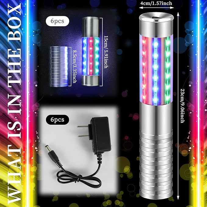 6 Pieces RGB LED Strobe Baton Light Rechargeable Bottle Service Sparklers Stick Reusable Champagne Bottle Handheld LED for Club Stage Nightclub Party Concert Event Bar Outdoor - Silver