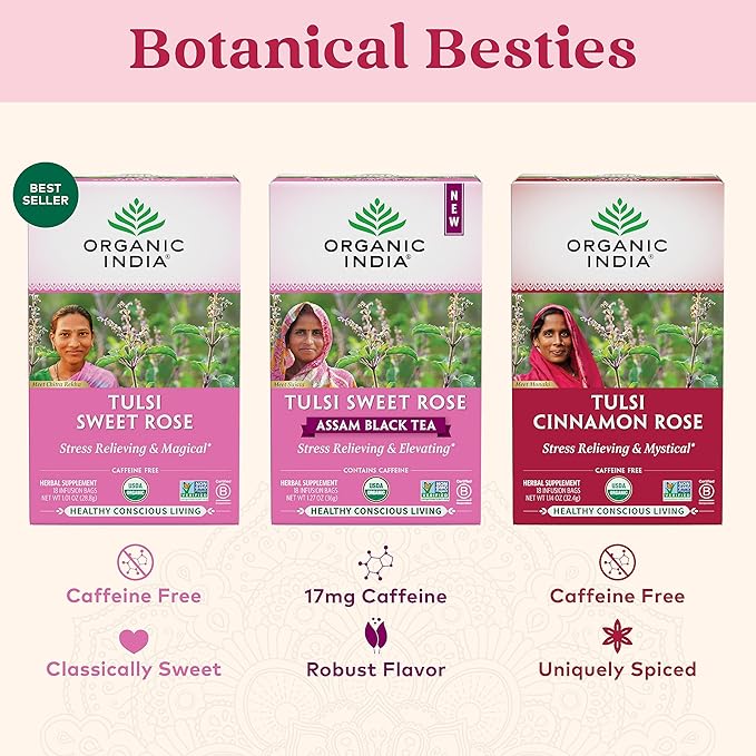 ORGANIC INDIA Tulsi Cinnamon Rose Tea Bags - Tulsi Rose Tea Bags, Cinnamon Tea Bags with Holy Basil, Chamomile, Stevia, USDA Certified Organic Caffeine Free Herbal Tea - 18 Infusion Bags, 6 Pack