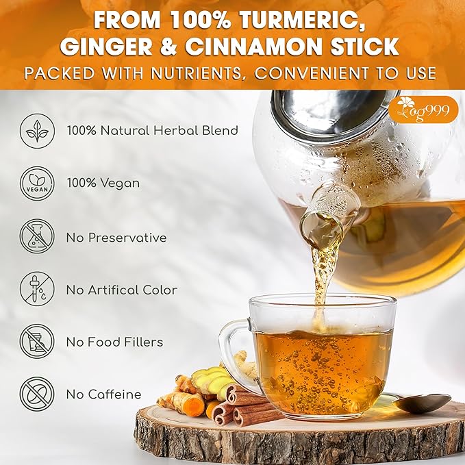 TOG999, Premium 6oz/100 cups Ginger Turmeric Cinnamon Loose Leaf Herbal Tea. Improve Digestion, Support Brain, Weight, Skin and Sleep. Premium Quality Spiced Blend. No Sugar, No Caffeine, No Gluten, Vegan.