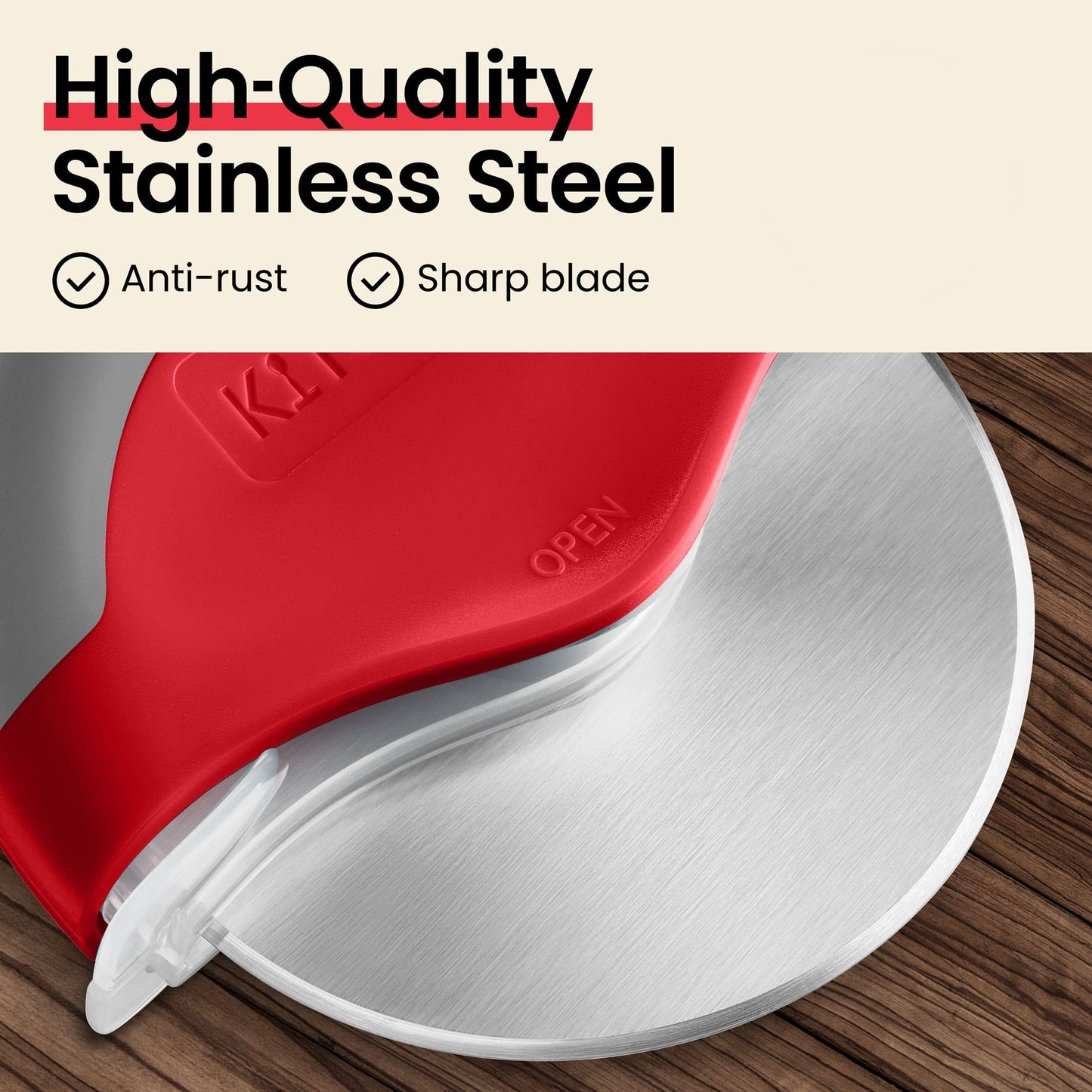 Kitchy Pizza Cutter Wheel with Protective Blade Cover, Ergonomic Pizza Slicer (Red)