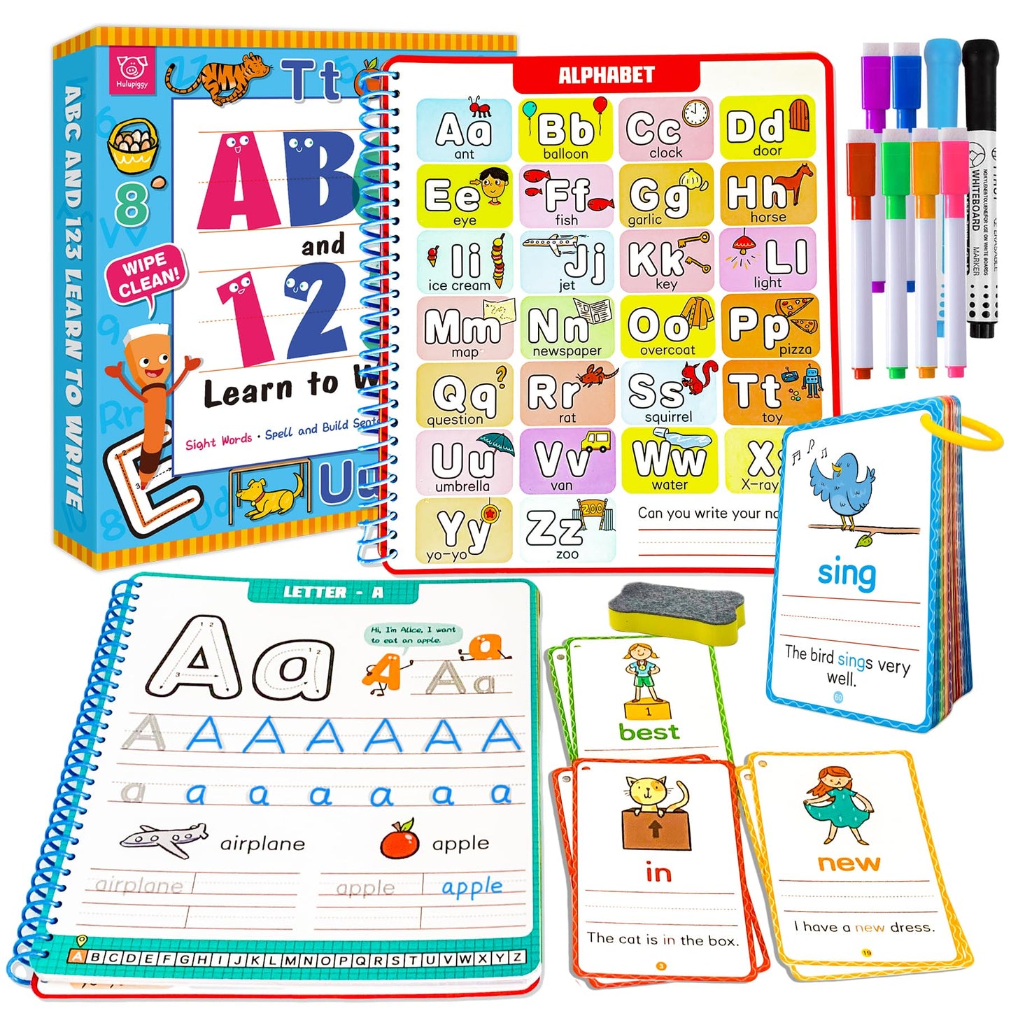 Hulupiggy Preschool Learning Activities - Reusable Letter & Number Tracing Book for Kids 3,4,5,6 Years Old -Builds Handwriting & Sight Words, PreK Kindergarten Workbook, Learning Toy Gift for Toddlers