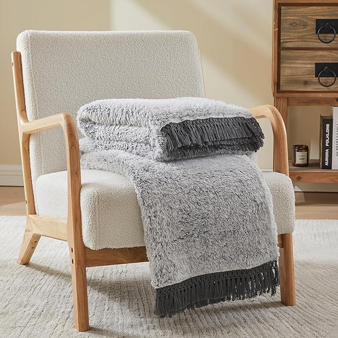 EMME Fuzzy Blanket Soft Fleece Throw Blankets for Women, Fluffy Sherpa Throws(Tassel Grey,50"x60")
