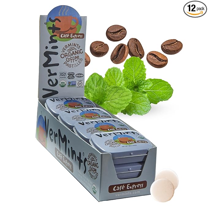 VerMints Organic Breath Mints Café Express - Real Ingredients, Lasting Coffee Flavor - Travel Size Tins - Non-GMO, Nut Free, Gluten Free, Vegan & Kosher Coffee Candy - .63oz/18g (Pack of 12)