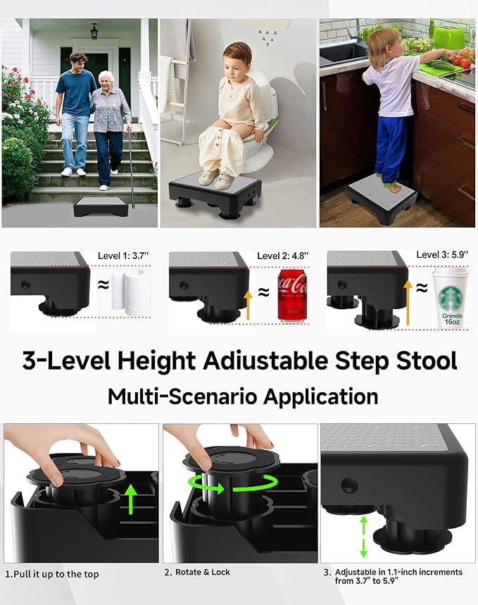 Adjustable Step Stool for Adults, Noctilucent Bed Step Stools, 600 LBS Capacity Non-Slip Safety Step Platform Indoor and Outdoor for Seniors and Kids, Wide Step Stools Elderly Assistance at Night