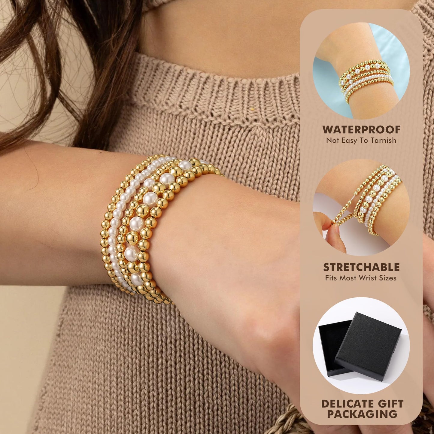 Yoosteel Gold Beaded Bracelets Set for Women - 14k Gold Plated Dainty Round Beaded Pearl Bracelet for Women Simplicity Stackable Jewelry Gifts（6 Pcs）