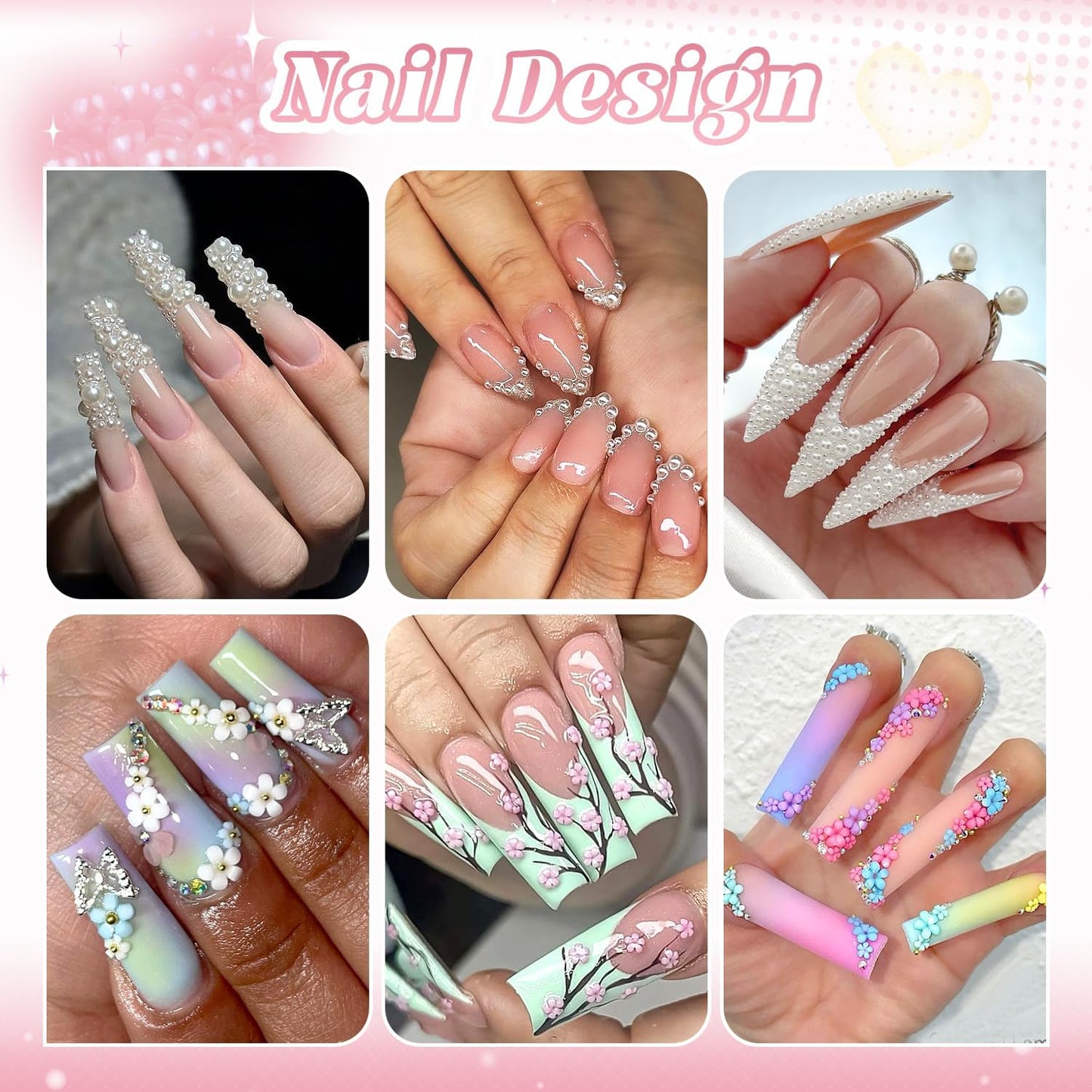 Flatback Pearls (White) and 3D Flowers for Nail Art, Pearl Nail Charms and Colorful Nail Flowers Blossom with Round Caviar Nail Beads Nail Accessories for Acrylic Nail Tips Manicure Decor
