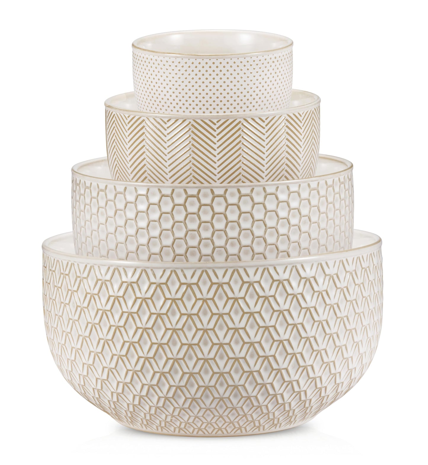 KooK Ceramic Mixing Bowls, Nesting Set of 4, Embossed Kitchen Dishware, Prep, Serving, Gift, Microwave and Dishwasher Safe, 20/44/98/145 oz, Narbonne Collection (Ivory)