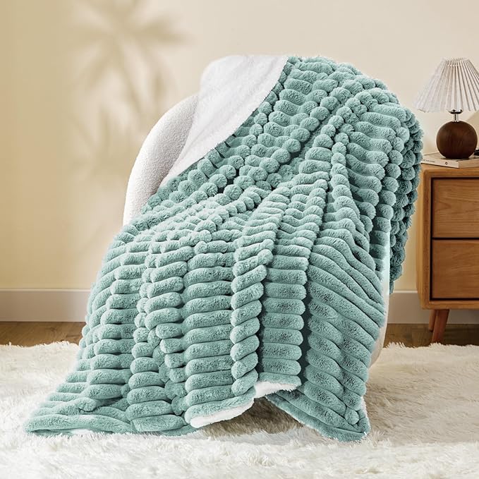 INFIIXSO Sherpa Throw Blanket for Couch - Super Soft & Warm Striped Fleece Blanket, Cozy Plush Fluffy Blanket All Season Use (Haze Blue, 50x60 Inches)