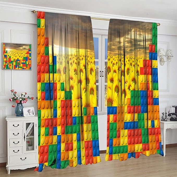 Colorful Building Blocks Sunflower Flower 3D Toy Printed Curtains, Building Blocks, Floral Sunflower Curtains, Interesting Brick 3D Design, Boys and Girls Room Curtain Panels, 2 Panels 63x72in