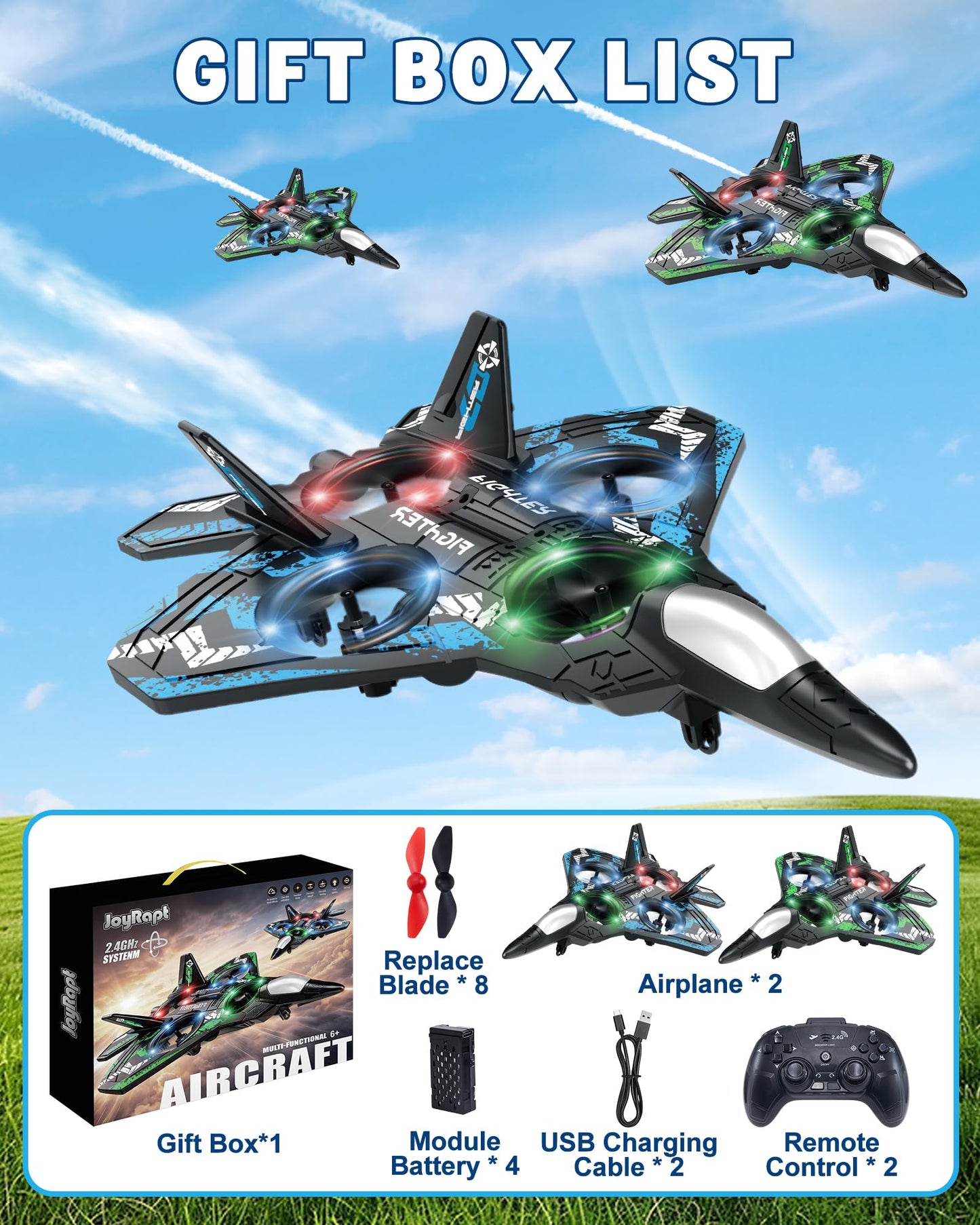 JoyRapt Drones for Kids Form RC Plane, Remote Control Airplane, Aircrafts for Boys and Girls, Jet Helicopter Drones with LED Lights 360° Flip, 4 Rechargeable Batteries Boy Toys (2 Pack)