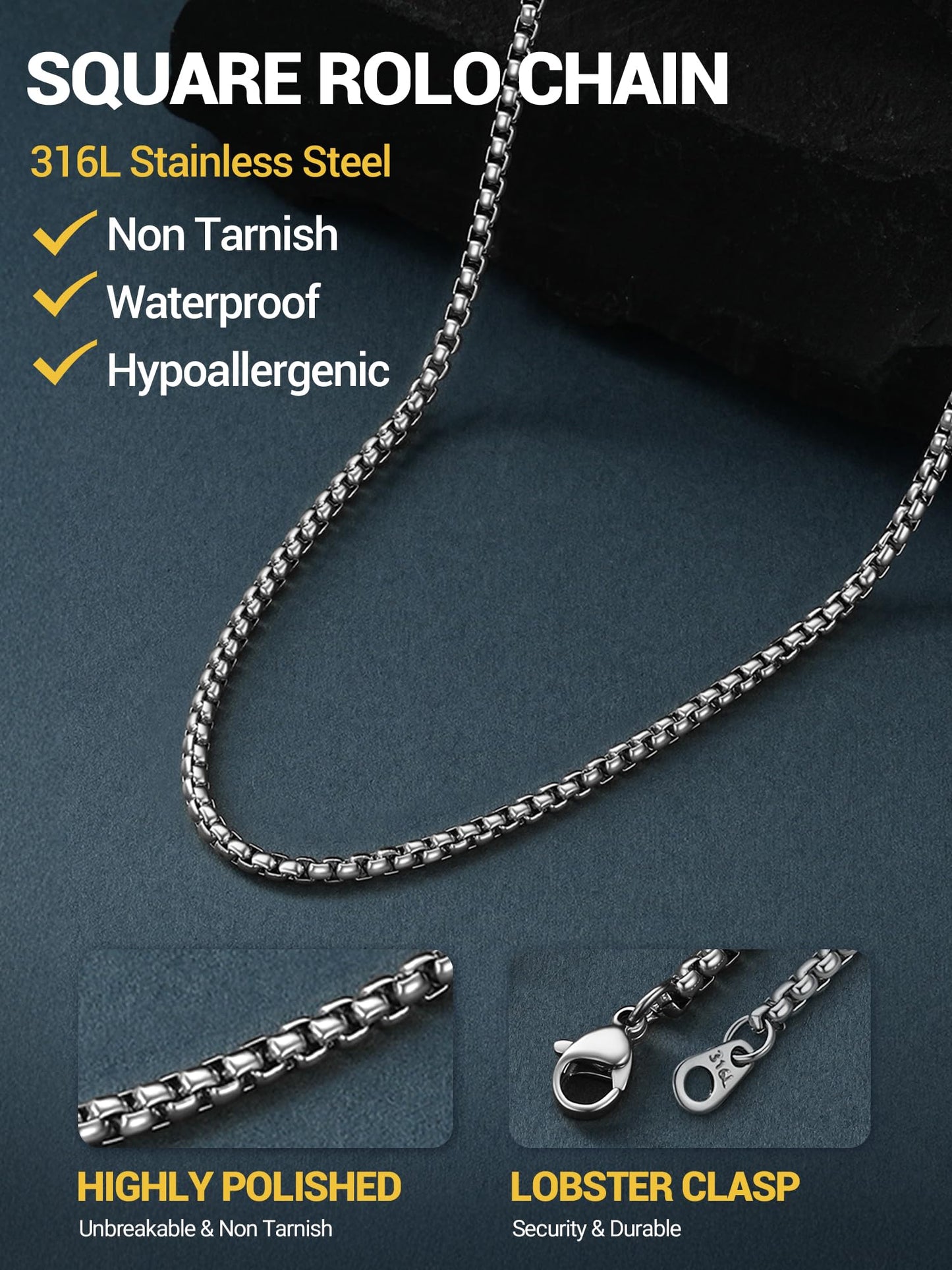 PROSTEEL Squre Rolo Link Chains, Stainless Steel Chain Necklace Waterproof & Strong Lobster Clasp 3mm Link Chains for Men and Women Jewelry with Gift Box 18in