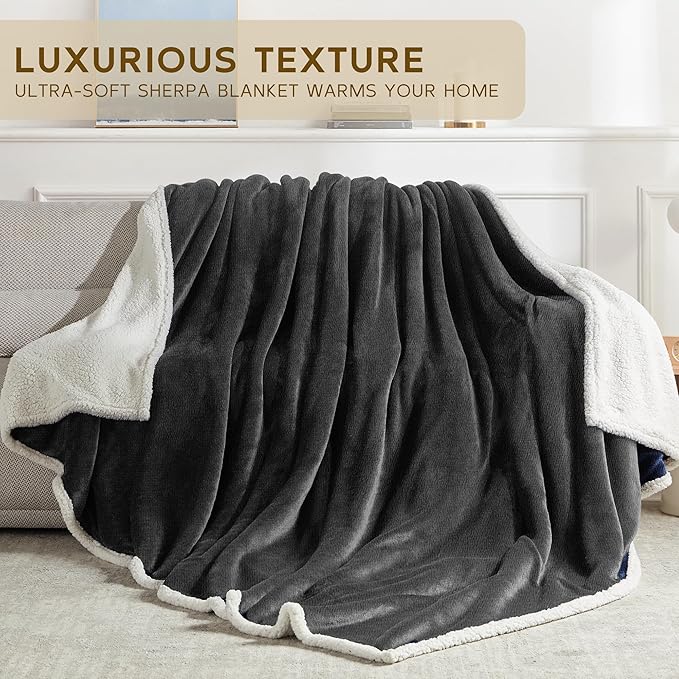 BEAUTEX Sherpa Fleece Throw Blanket Twin Size for Couch - Thick and Warm Blanket for Winter, Fluffy Flannel Plush Twin Blanket, Fuzzy Grey Cuddle Blankets for Couch Bed Sofa (60" x 80", Grey)