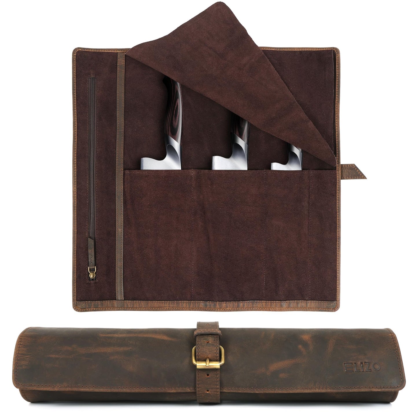 ELIZO Leather Knife Roll Chef Knife Bag Professional Chef Knifes Roll Bag Travel Storage Carrying Case Wrap Holder Sheath Kitchen Carrier Protectors Sleeve Tool Chefs Gift Grizzly