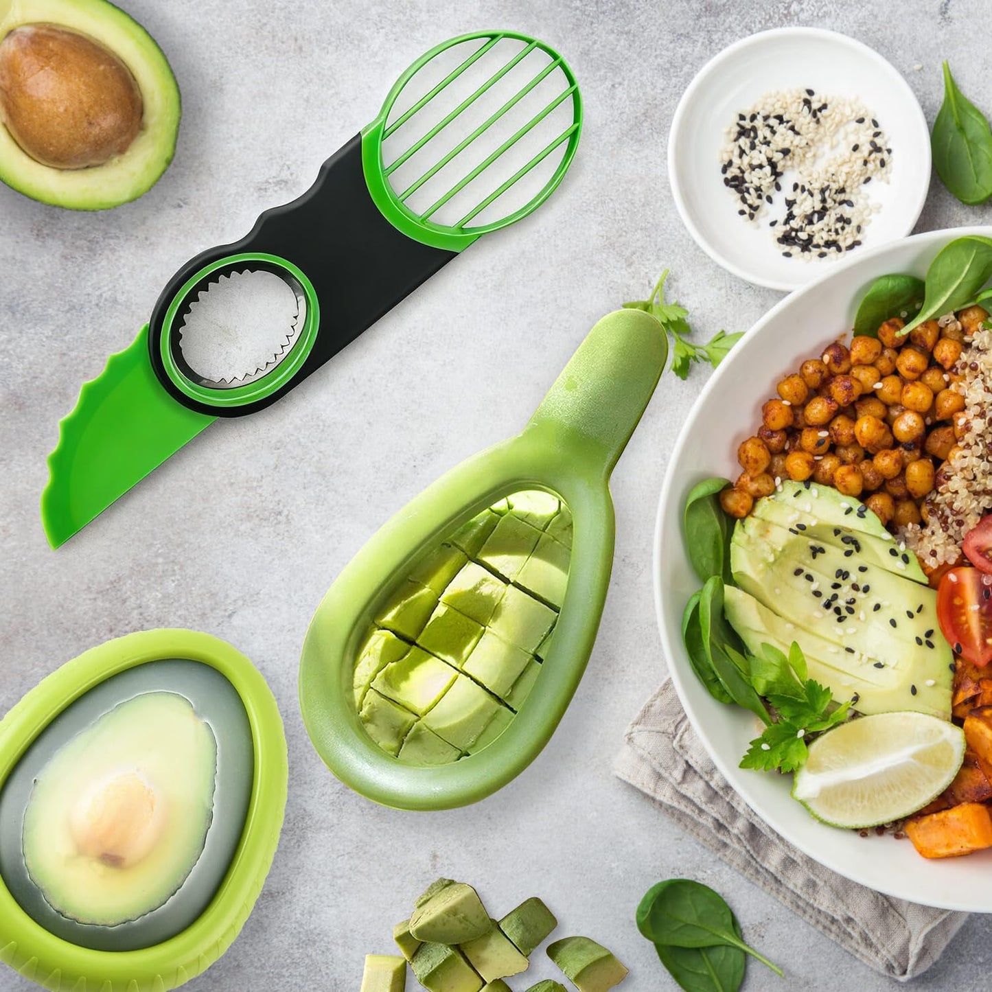 3 Piece Avocado Slicer Set, Includes Avocado Slicer, Avocado Cutter and Avocado Storage Container, Dishwasher Safe, for Avocado Cutting and Peeling, Essential Mashing Kitchen Tool