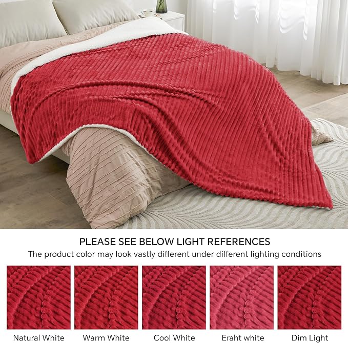 INFIIXSO Sherpa Fleece Queen Size Blanket - Super Soft & Warm Striped Fleece, Cozy Plush Fluffy Large Bed Blanket All Season Use (Red, 90x90 Inches)