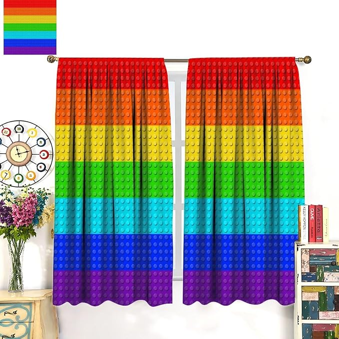 Colorful Building Block Toy Curtain Rod Pocket Children's Nursery Rainbow Contour Plastic Toy Brick Geometric Print Pattern Curtain Boys Girls Bedroom Playroom 2 Panels 55x63in