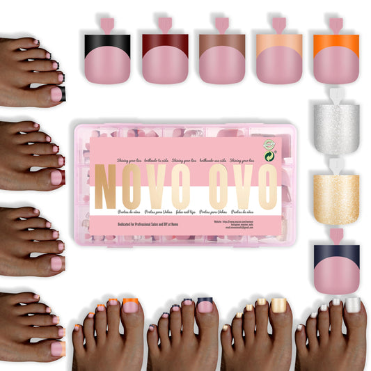 NOVO OVO Halloween Christmas Fall Autumn Colorful French Tip Toe Nail Tips Press on 8 MIXED WINTER COLOR, Sharp Square Toenail BERRY PINK Toenail Extension, Full Cover Acrylic DIY x 15 Sizes 240 pcs