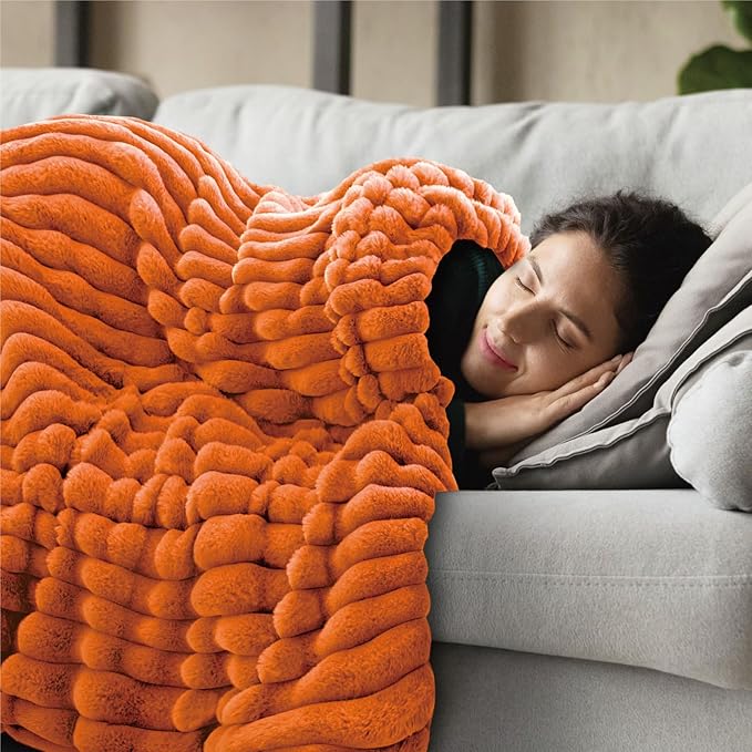 INFIIXSO Sherpa Throw Blanket for Couch - Super Soft & Warm Striped Fleece Blanket, Cozy Plush Fluffy Blanket All Season Use (Burnt Orange, 50x60 Inches)